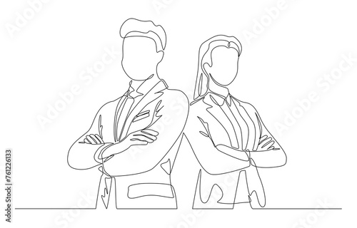Continuous one line drawing of businessman and businesswoman standing together and crossing arms  business teamwork  partnership concept  single line art.