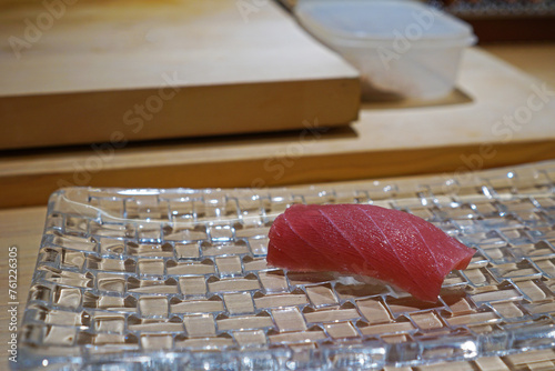 Close up Maguro Tuna Sushi, Fatty belly blue fin fish on Japanese rice