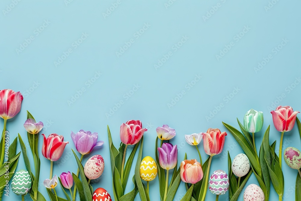 Frame top border made of tulips spring flowers and colorful Easter eggs on light blue background