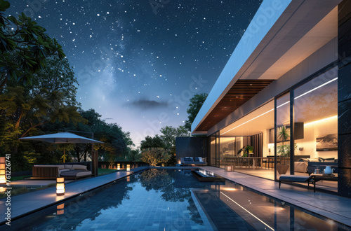 Beautiful modern luxury villa with swimming pool and outdoor furniture at night in Bali, India. With stars in the sky © Kien