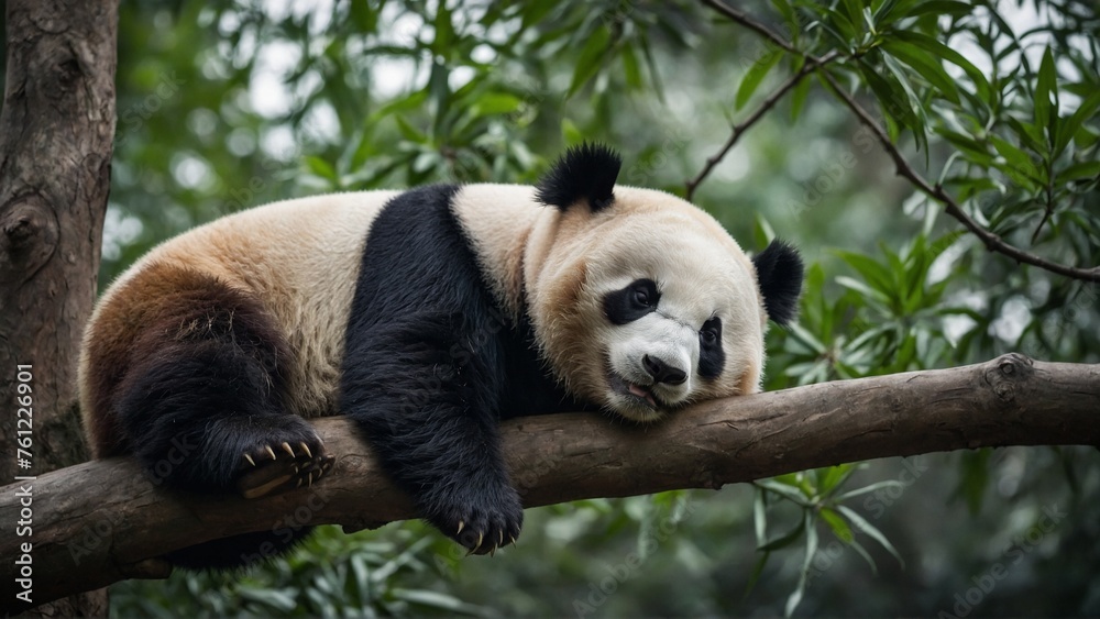 Obraz premium Sleeping Panda on a tree branch.