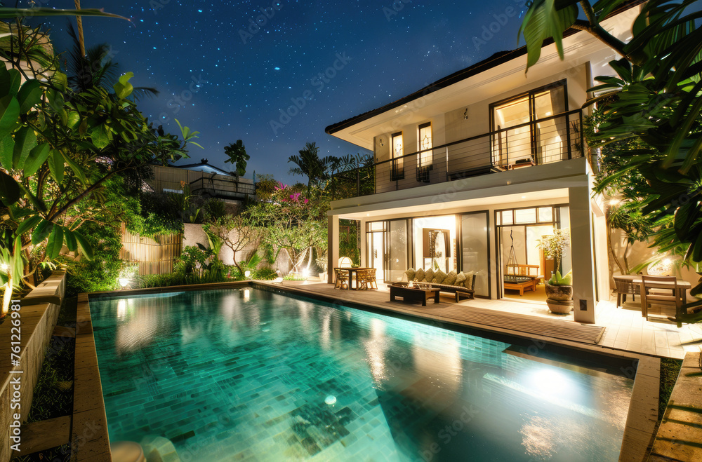 Beautiful modern luxury villa with swimming pool and outdoor furniture at night in Bali, India. With stars in the sky