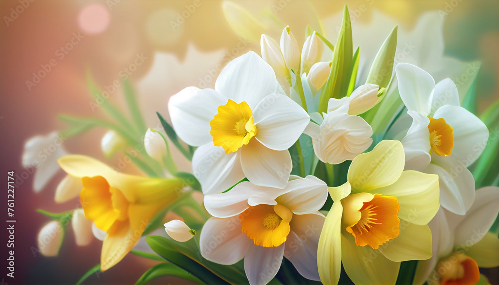 Fototapeta premium Narcissus or daffodil spring bouquet, blur multicolour bokeh background. Beautiful composition. Generative AI