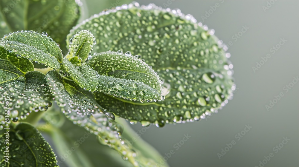 Dewdrops clinging to the velvety leaves of a lamb's ear plant, each droplet refracting light against a neutral backdrop, creating a mesmerizing spectacle. Dewdrops clinging to the velvety leaves of a lamb's ear plant, each droplet refracting light against a neutral backdrop, creating a mesmerizing spectacle.