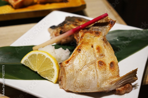 Close up Hamachi Kama, Broiled and Braised Yellowtail fish collar