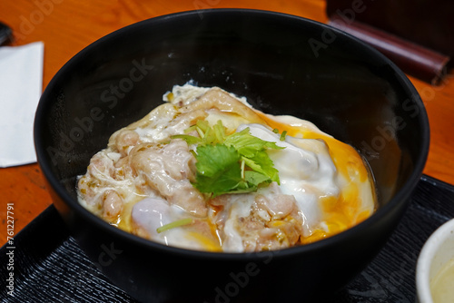 Close up bowl of Chicken Teriyaki Don(rice) served with eggs