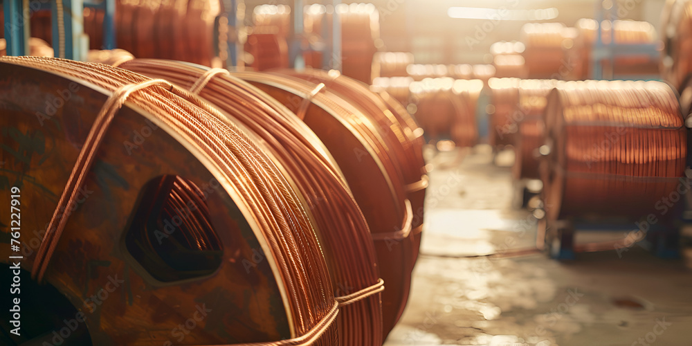 Copper wire cable production in coils metal steel industrial plant, Rolled metal products Different profiles and tubes, 

 - obrazy, fototapety, plakaty 