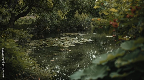 A serene landscape of a tranquil pond surrounded by lush vegetation in a food forest, 