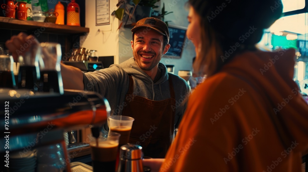 Candid shots of baristas serving customers in a cozy coffee shop, capturing the charm of a small business