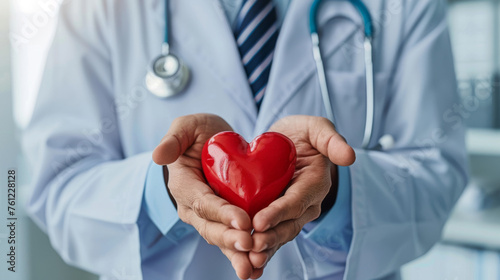 A medical professional in a lab coat holds a red heart in their hands.