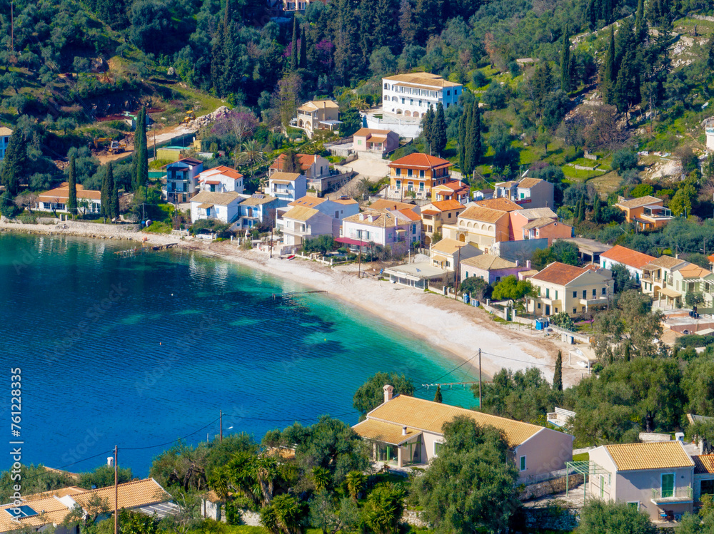 Aerial view of Kalami Bay in Corfu, Greece, which was made famous by British writer Lawrence Durrell's account of his idyllic life here in the 1930s.