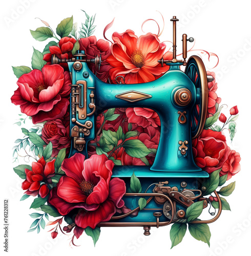 vintage sewing machine with red flowers, sublimation, clipart