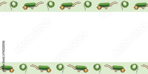 Vector frame from garden wheelbarrow, rolled hose for irrigation. Garden tool, work equipment. Horizontal upper and lower edging, border, divider on topic of gardening, farming, agriculture