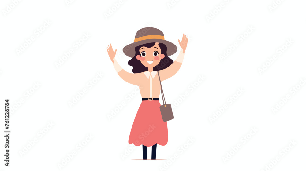 Cartoon waving woman flat vector isolated on white background
