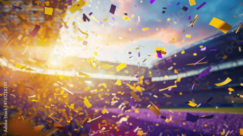 Confetti and fireworks fill the sky over a sunlit stadium with a cheering crowd.