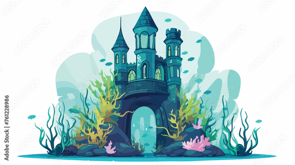 Castle tower aquarium with seaweed and color fish