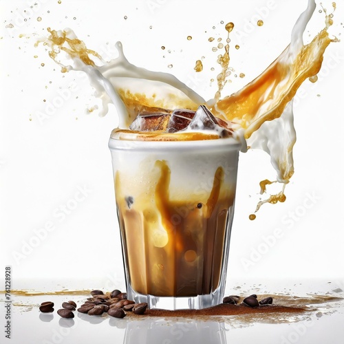 Iced white coffee on a white background with a splash effect of milk and coffee.