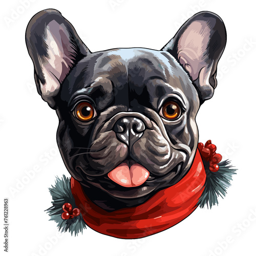 french bulldog portrait, christmas dog, watercolor clipart 