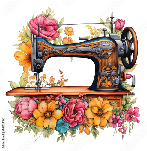  sewing machine vintage with beautiful flowers, watercolor illustration, clipart, sublimation png,