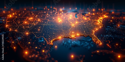 Glowing network over a stylized map of the United States, representing connectivity and data flow