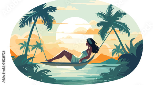 Character girl relax on tropical island female swing