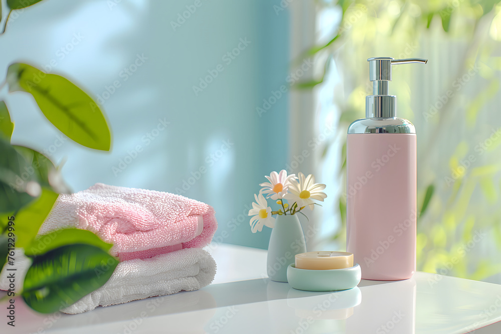 Soap dispenser and spa towel on pastel bathroom Soap dispenser and spa towel on pastel bathroom