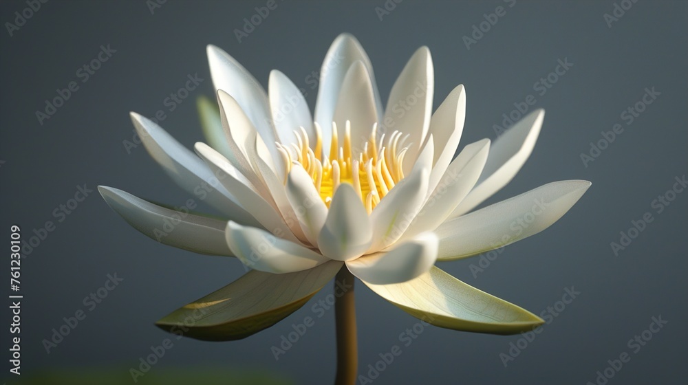 The delicate symmetry of a lotus flower in full bloom, its pristine white petals unfolding gracefully against a tranquil, solid background.