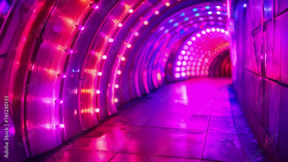 A winding tunnel lit with colorful lights leading to a hidden underground venue where music echoes off the walls. A winding tunnel lit with colorful lights leading to a hidden underground venue where music echoes off the walls.