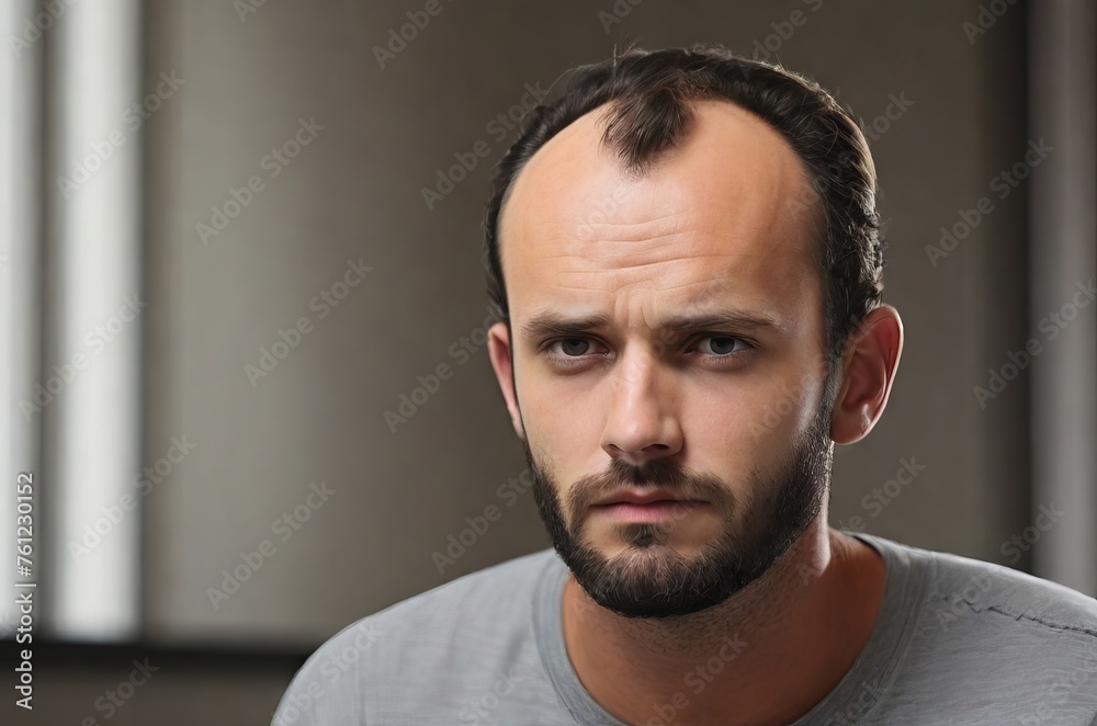 Man with receding hairline bald patches of the temple area of the head and above