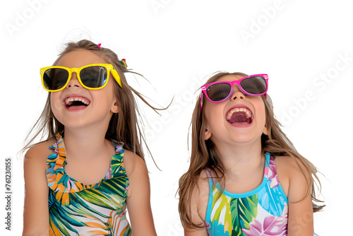 Two young girls with smiling face and sunglasses isolated on transparent PNG background