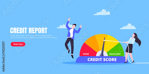 Man and woman push credit score arrow gauge speedometer indicator with color levels. Measurement from poor to excellent rating for credit or mortgage loans concept flat style vector illustration.