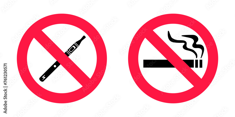 No smoking no vaping signs set. Forbidden sign icon isolated on white background vector illustration. Cigarette, vape and smoke and in prohibition circle. No smoking no vaping signs set. Forbidden sign icon isolated on white background vector illustration. Cigarette, vape and smoke and in prohibition circle.