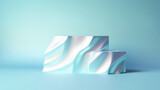 A three-dimensional geometric forms from a neon holographic material on light pastel background. Empty podiums for presentation products.