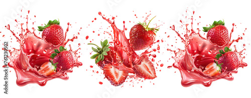 Set of delicious Strawberry juice splashing cut-out, isolated on transparent background