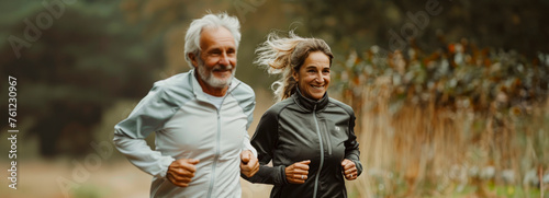 Active Senior Couple Embracing Healthy Lifestyle Through Outdoor Running Together in Nature