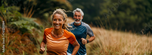 Active Seniors: Smiling Couple Embracing Healthy Lifestyle Through Outdoor Running and Fitness in Nature