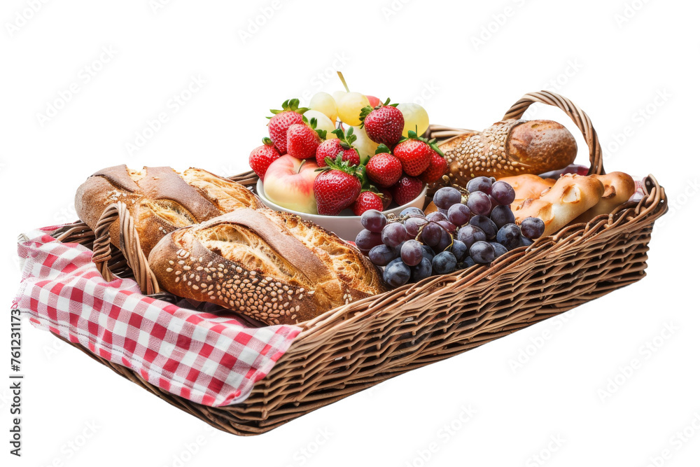 Wicker Basket Filled With Fresh Fruit and Bread. On a Transparent Background. Wicker Basket Filled With Fresh Fruit and Bread. On a Transparent Background.