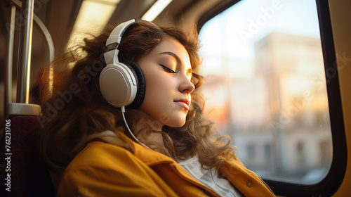 A young female passenger is sitting with headphones while driving in a modern bus, enjoying a ride on public transport. © Cherkasova Alie