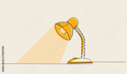 One line continuous desk lamp on white background. Luminous table lamp isolated. Outline vector illustration.
