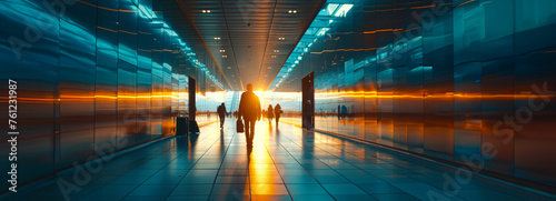 Busy professionals navigating office corridors in modern building walkway