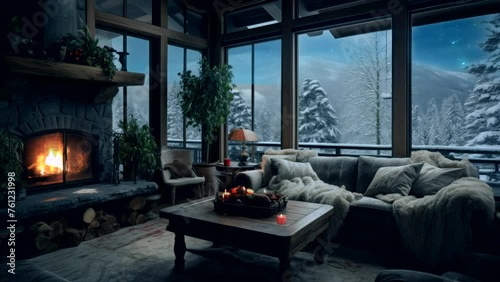 Nocturnal Coziness: Enjoying the Living Room with a Campfire as Snow Falls in the Night