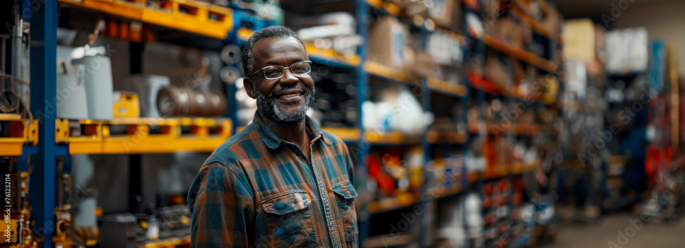 Joyful African Middle-Aged Man Selecting Tools in Hardware Store