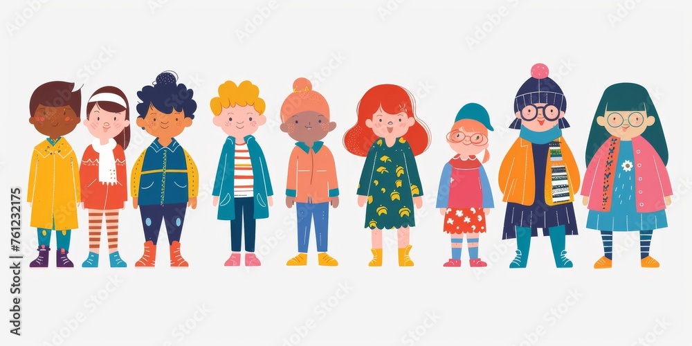 Fototapeta premium Variety of cartoon vector children in colorful outfits. A diverse group of cartoon children standing in row wearing various colorful outfits representing different styles and personalities