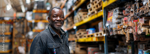 Joyful African Man Picking Tools in Hardware Store photo