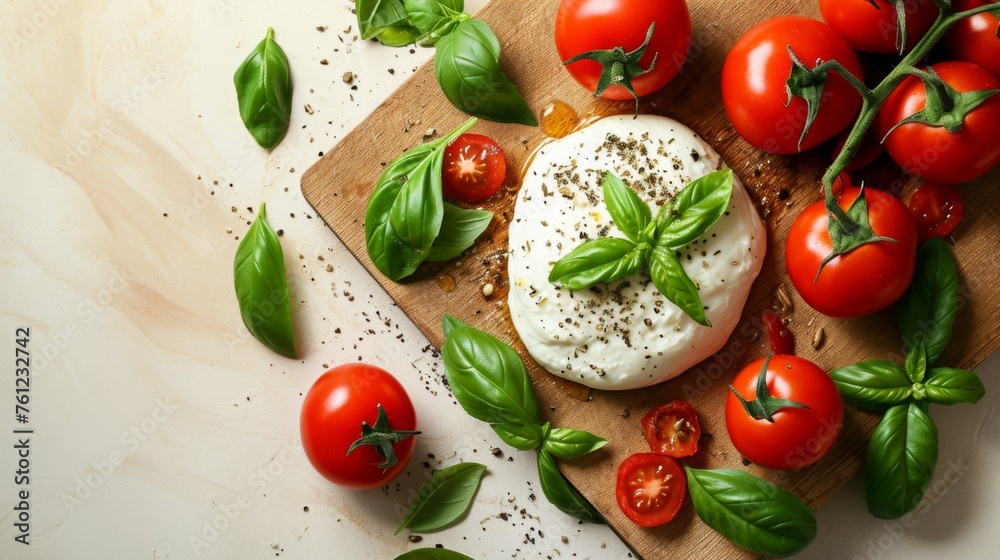 Caprese salad with mozzarella, tomato, basil and balsamic vinegar arranged on white plate Caprese salad with mozzarella, tomato, basil and balsamic vinegar arranged on white plate