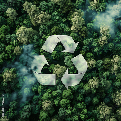 recycling on a green cloud surrounded by trees.