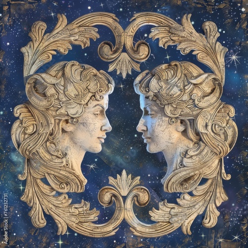 Gemini Zodiac Sign, Horoscope Symbol, Magic Astrology Twins, Gemini in Fantastic Night Sky