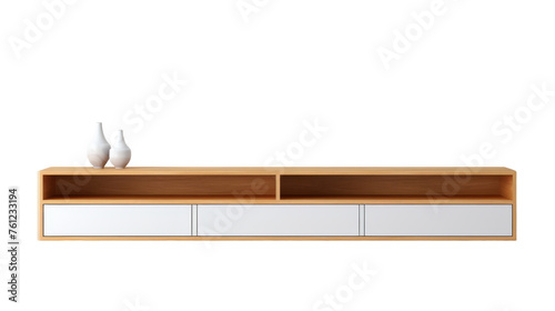 A wooden shelf holds two elegant white vases in a serene and minimalist setting