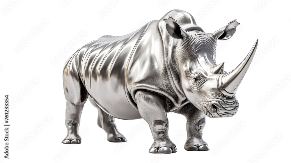 A silver rhino statue standing proudly on a white background