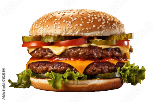 Delicious Hamburger With Cheese, Lettuce, Tomato, and Pickles. On a White or Clear Surface PNG Transparent Background.